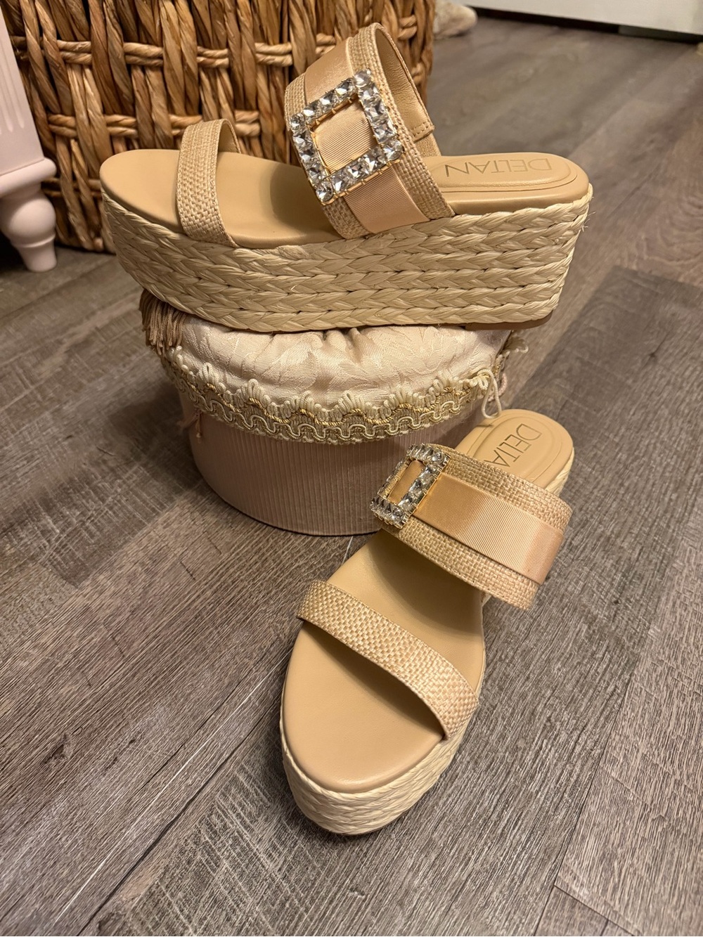 NWOT: Delman Nude/Beige Espadrille Platform Slides with Crystal Buckle